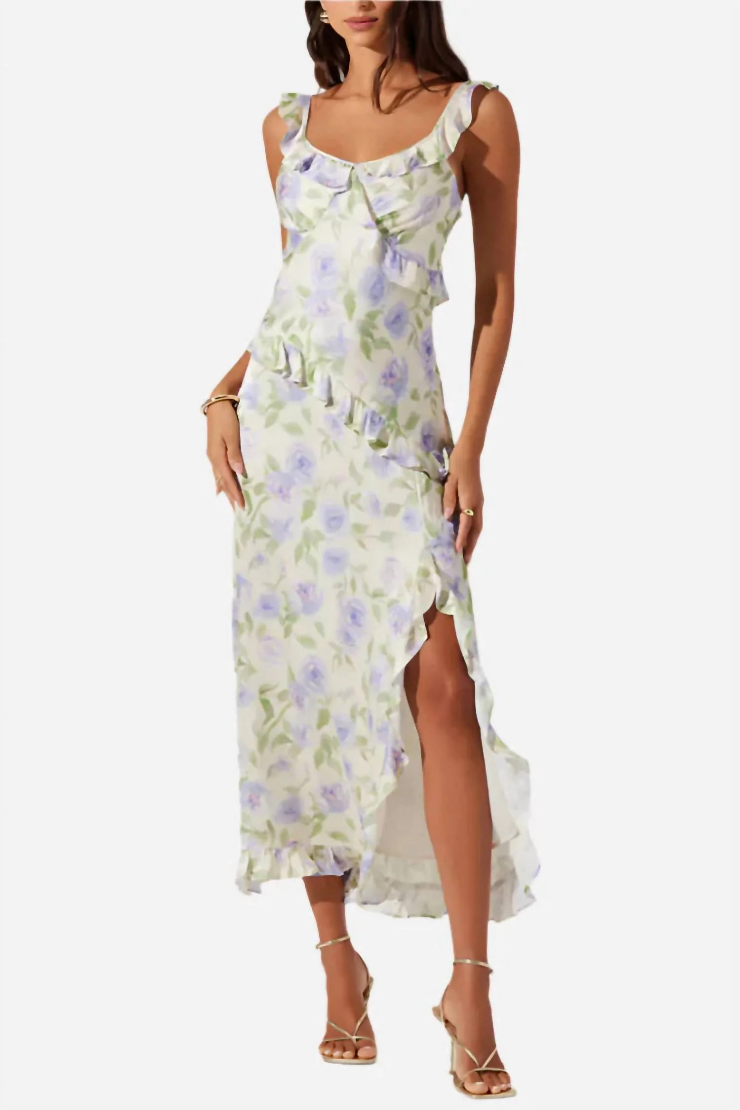 Rosalina Satin Ruffle Midi Dress In Cream Lavender Floral | Shop Simon