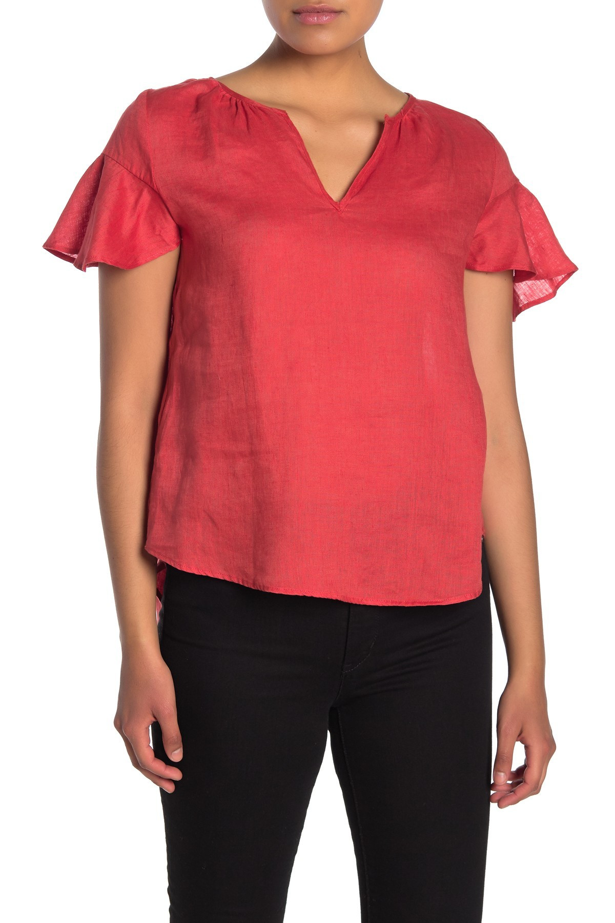 Short Sleeve Split Neck Linen Top (Petite) | Nordstrom Rack
