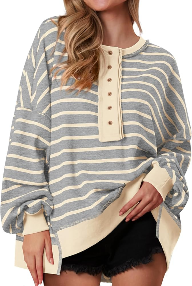 PRETTYGARDEN Oversized Sweatshirt Striped Long Sleeve Button Henley Neck Waffle Knit Pullover Tun... | Amazon (US)