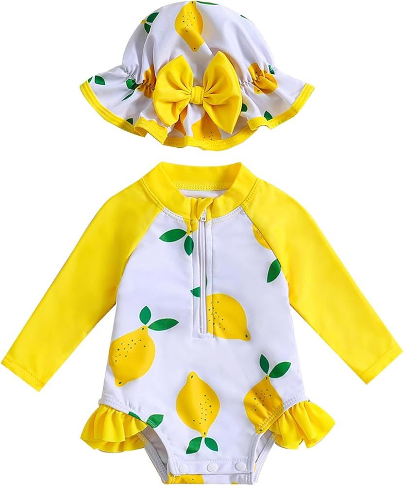 Baby Girl Swimsuit Long Sleeve Zipper Bathing Suit One Piece Swimwear with Hat | Amazon (US)