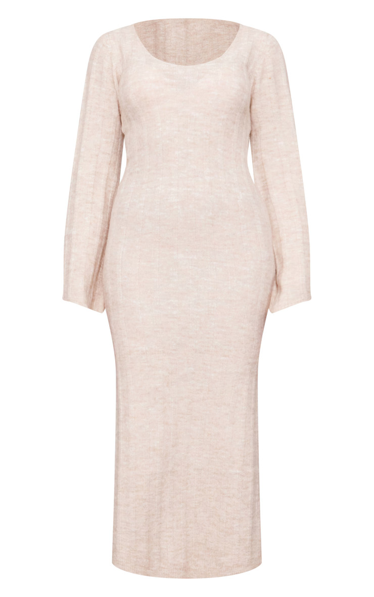 Tall Oatmeal Rib Knitted V Neck Midaxi Dress | PrettyLittleThing US