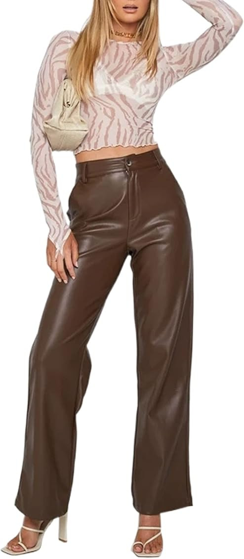 Rteyno Women's Faux Leather Pants Elastic High Waist Straight Wide Leg Punk Solid Color Pu Trousers  | Amazon (US)