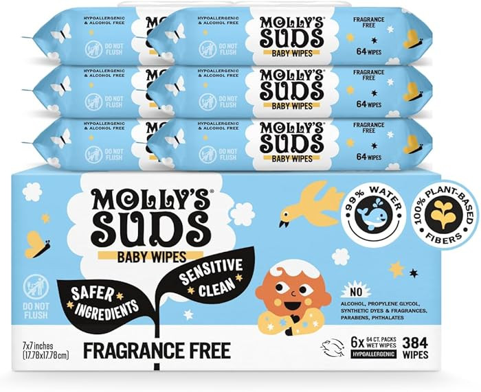 Molly's Suds Sensitive Clean Baby Wipes | 99% Water, Plant-Based, Fragrance Free | 384 Total Wipe... | Amazon (US)