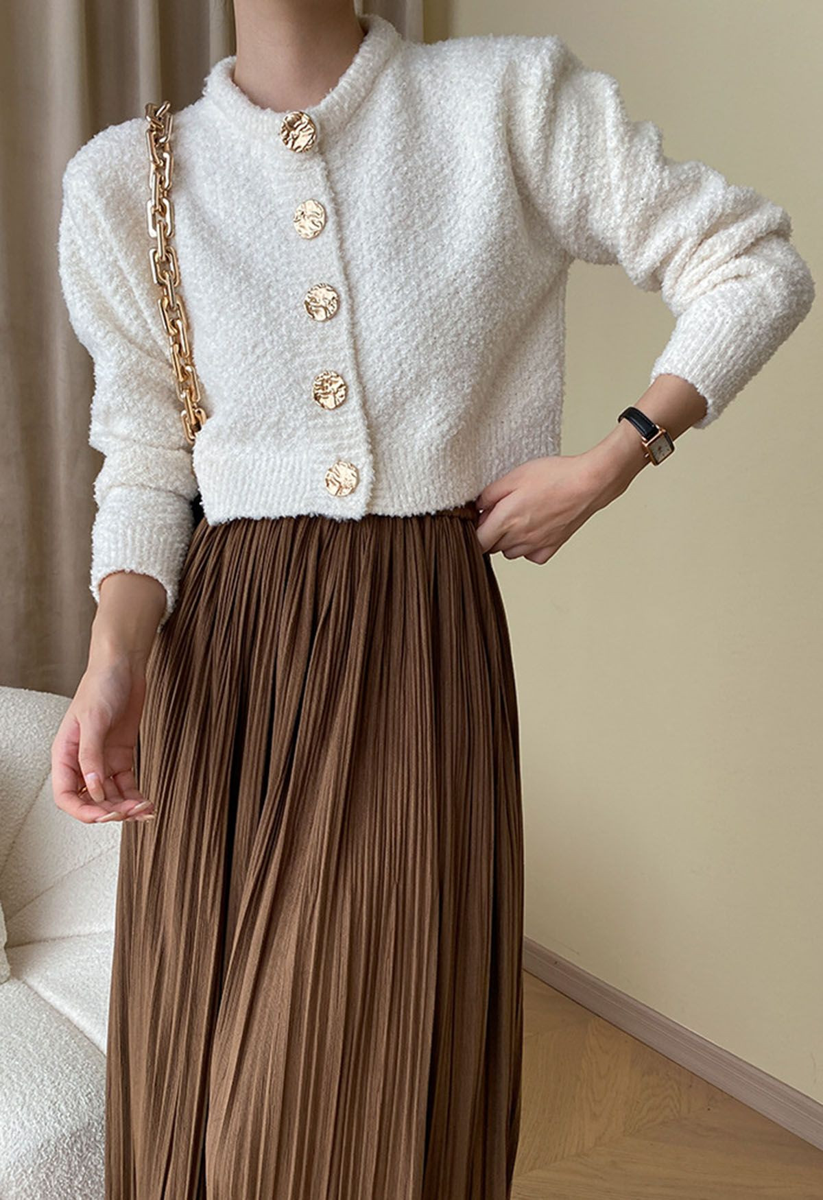 Golden Button Front Crop Knit Cardigan in Cream | Chicwish