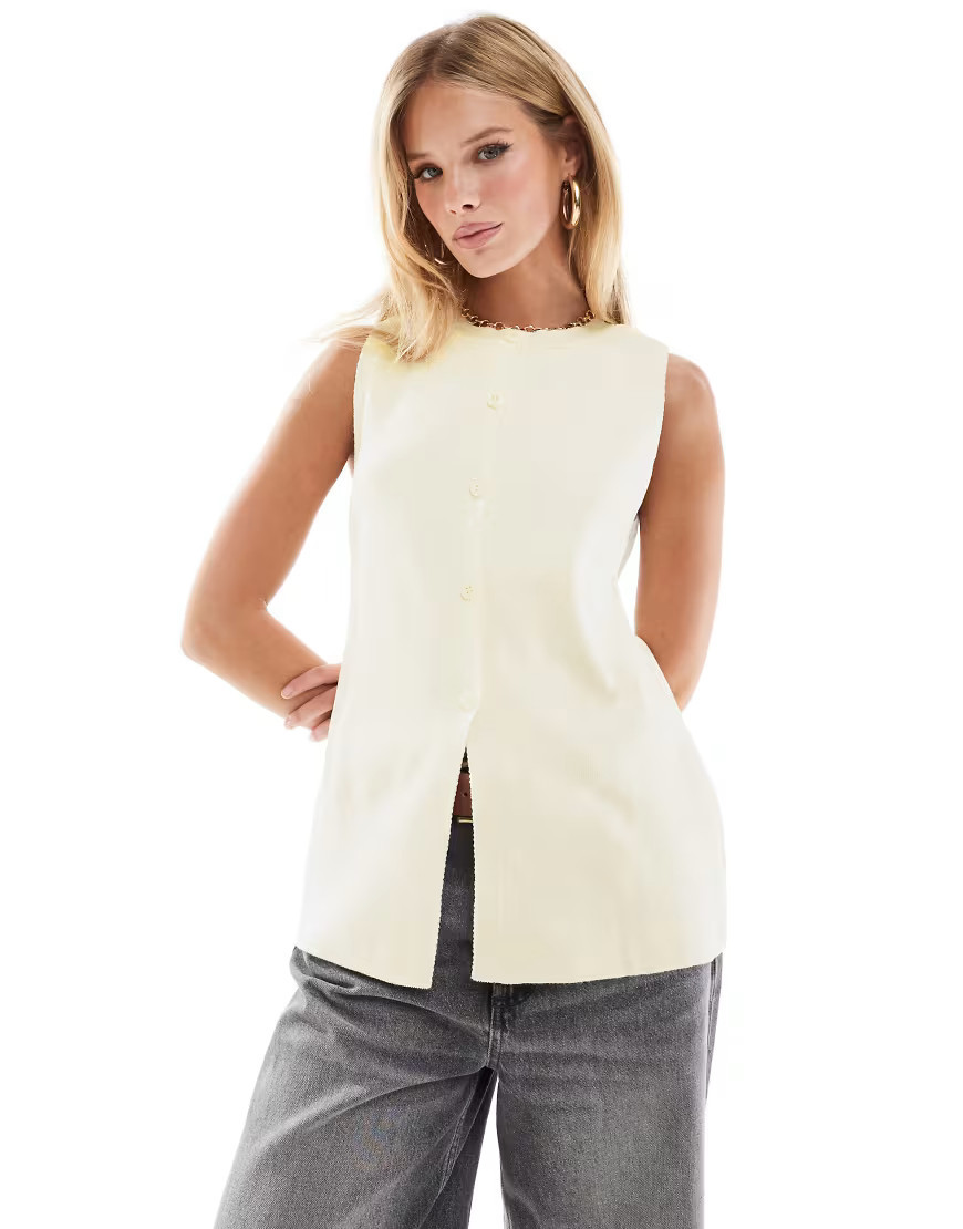 ASOS DESIGN knit structured crew neck vest with front slit in white | ASOS (Global)
