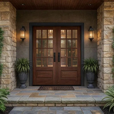 G7512-SW-80 | 82" Double Door, RTA Prehung Exterior, SDL 12 Lite 3/4 Lite, 1 Panel, Unfinished Mahogany Wood | Wayfair North America