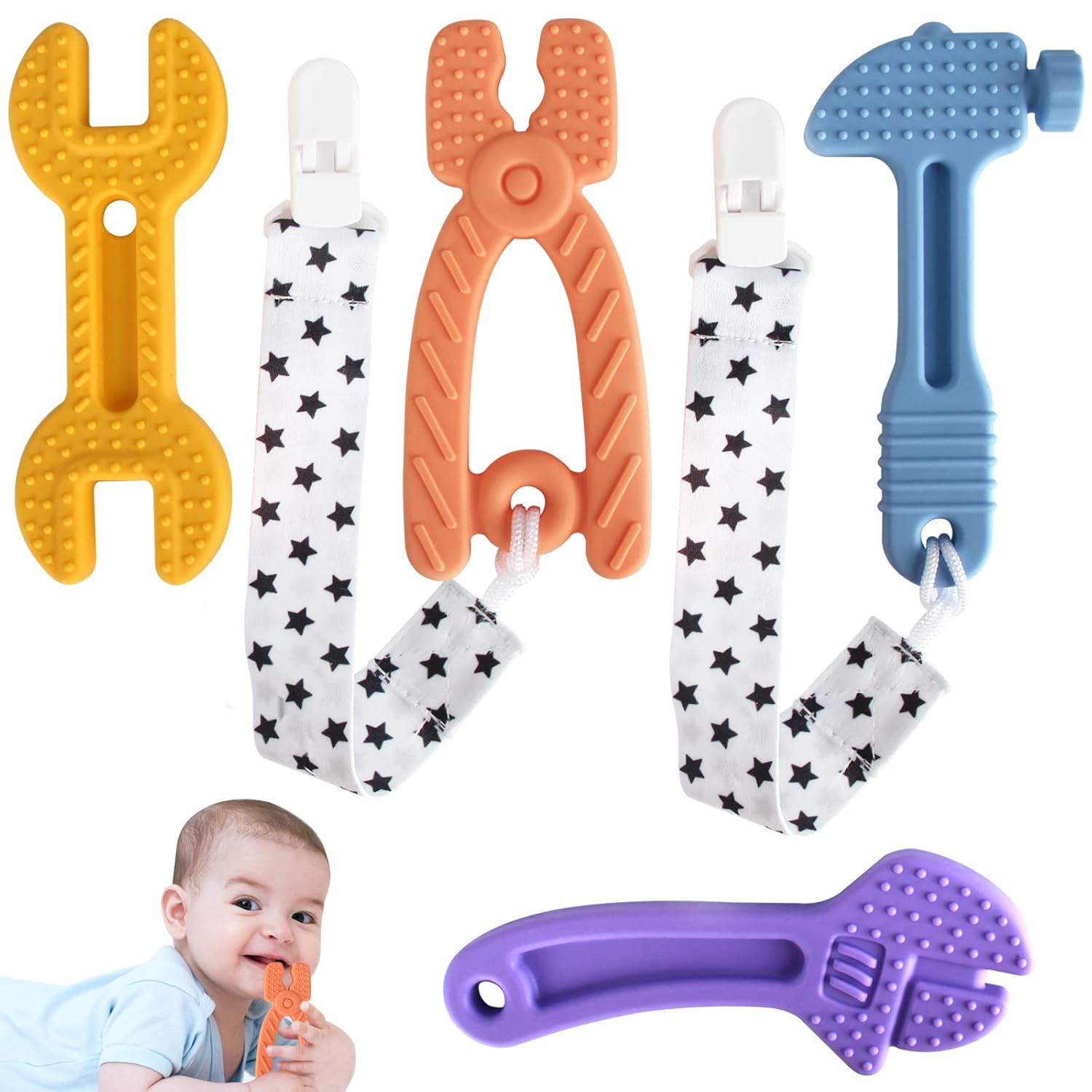 Fu Store 4 Pack Soft Silicone Teething Toys for Toddlers Infant Hammer Spanner Wrench Pliers Tool... | Amazon (US)