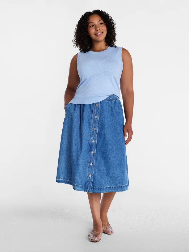 Time and Tru Women's Button Front Denim Midi Skirt, Sizes XS-XXXL | Walmart (US)