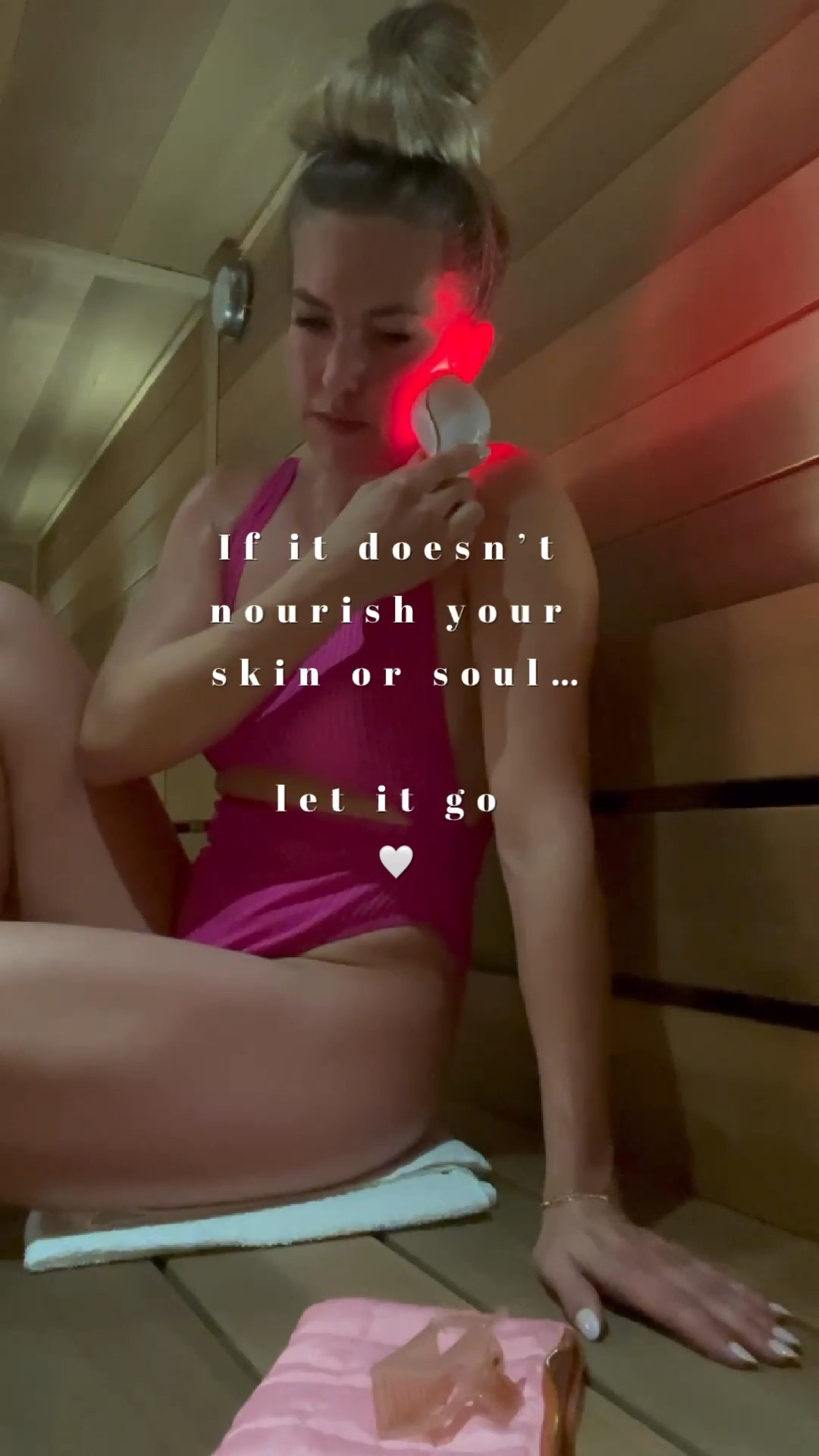 A little sauna spa time with my Soniqué light therapy device.  

#ad The reVive Light Therapy™ Lux Collection Soniqué is the ultimate at-home skin-rejuvenating device. With gentle sonic vibration cleanser, serum massager, and light therapy spot treatment, this device provides so many different uses, it’s absolutely amazing!  Get 15% off sitewide with code SUMMER15!  Head to the link in my bio to shop or comment and I’ll send the link!

@revivelighttherapy #revivelighttherapy

#LTKActive #LTKSwim #LTKBeauty