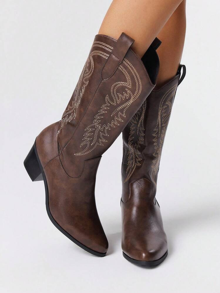 ROMWE Goth Women's Cowboy Boots, Coffee Brown Color, Fashion Pointed Toe Embroidery Chunky Heel Western Boots, Spring/Autumn New Arrival | SHEIN