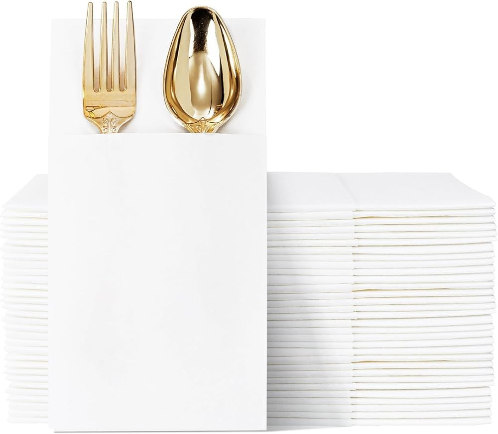100PCS White Paper Napkins with Built-in Flatware Pocket - Cloth Like Prefolded Disposable Napkin... | Amazon (US)