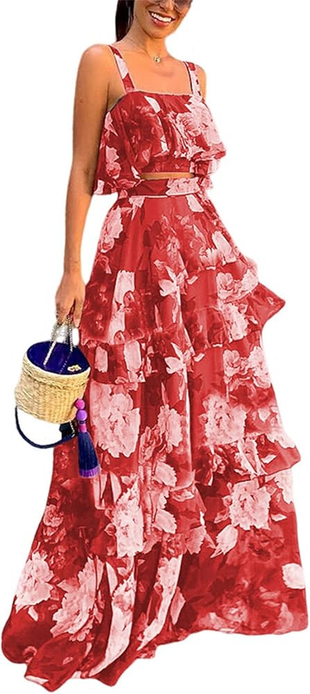 SOMTHRON Women's Summer 2 Piece Outfits Floral Print Strap Crop Tops Tiered Ruffle Skirt Sets Max... | Amazon (US)