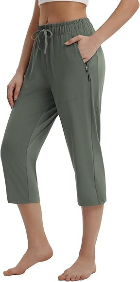 BALEAF Womens Yoga Capri Pants with Zipper Pockets Summer Drawstring Capris Joggers Lounge Crop 1... | Amazon (US)