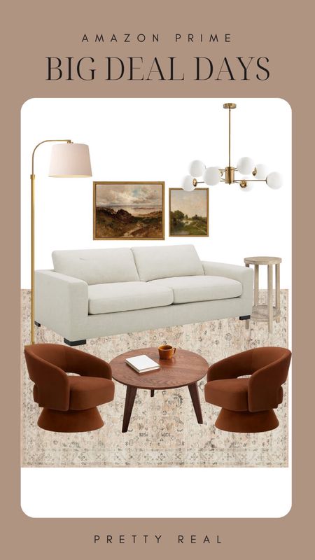 This entire living room is on deal! Real sales (I watch price history). Rust colored side swivel chair, neutral sofa under $1000, vintage art, mid-century Sputnik style ceiling light, light wood cane side table, blush rug, brass floor lamp, coffee table, Amazon home finds 

#LTKhome #LTKxPrime