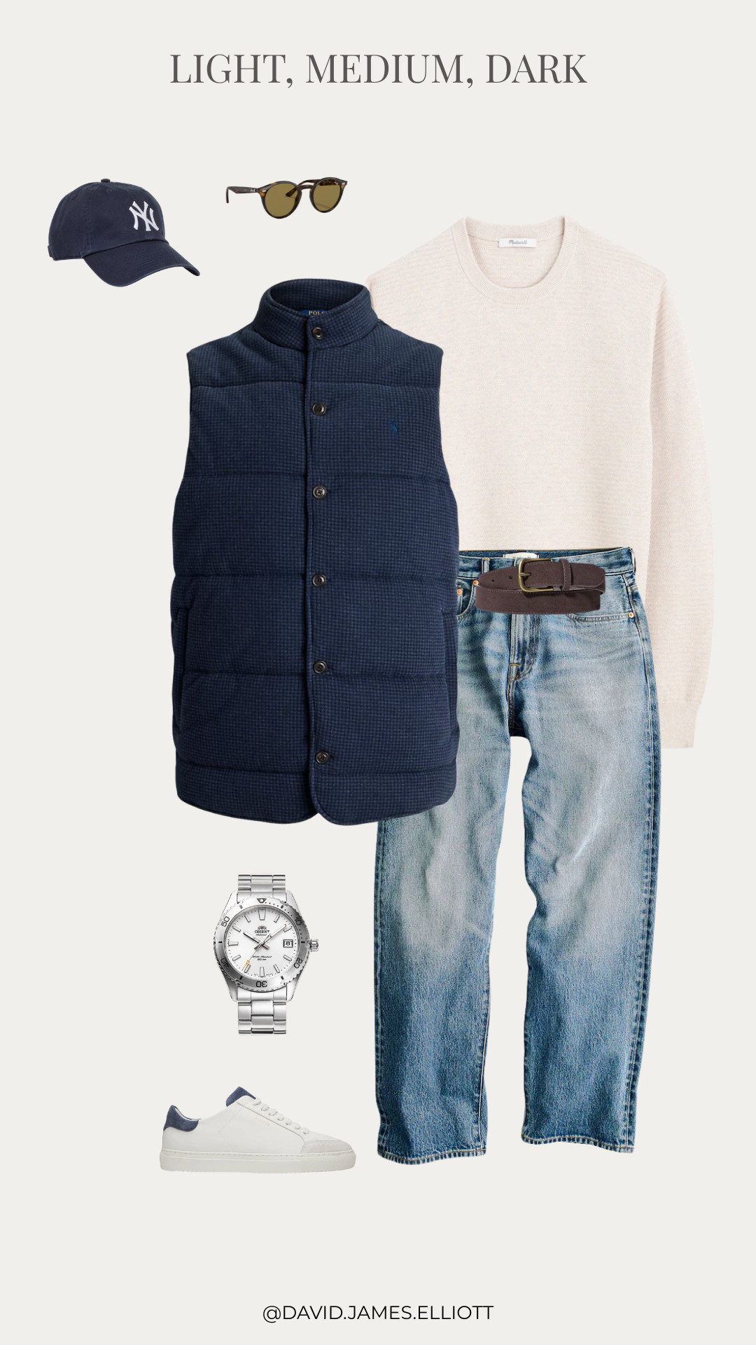 Classic fall outfit with navy vest, mid washed denim and sneakers.  

 #LTKMens