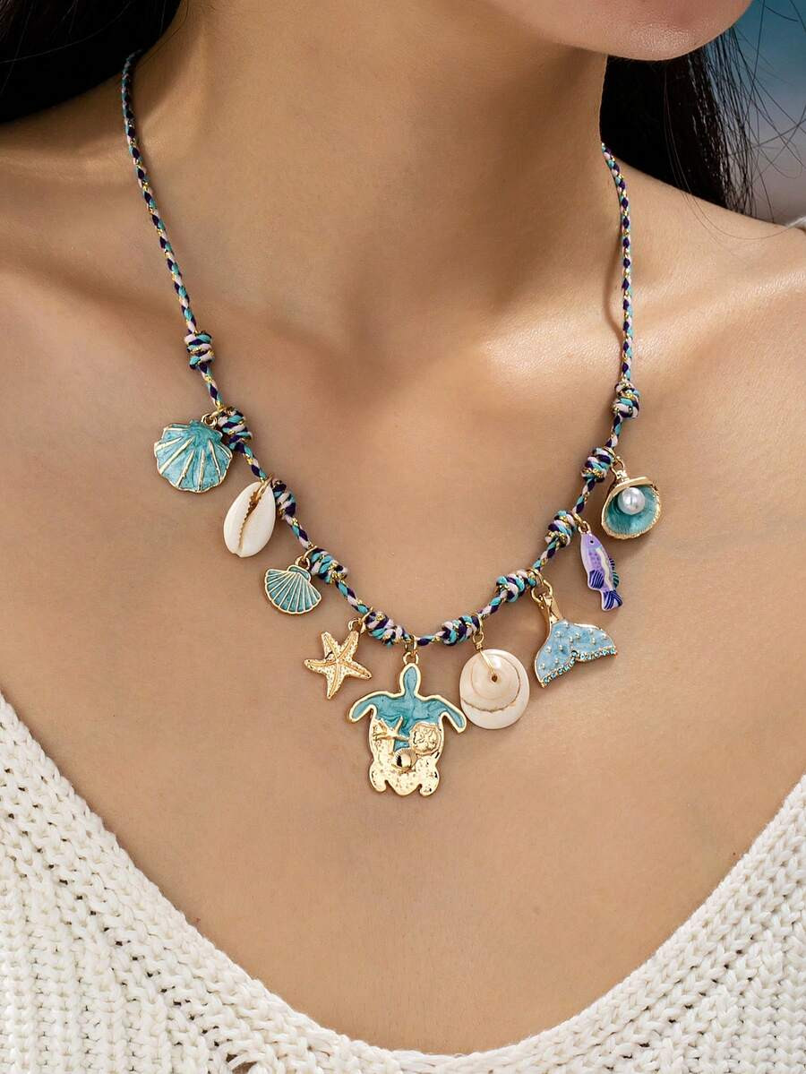 1pc Blue Sea Turtle, Starfish & Shell Pendant Necklace, Bohemian Style Ocean Theme Pendant Neckla... | SHEIN