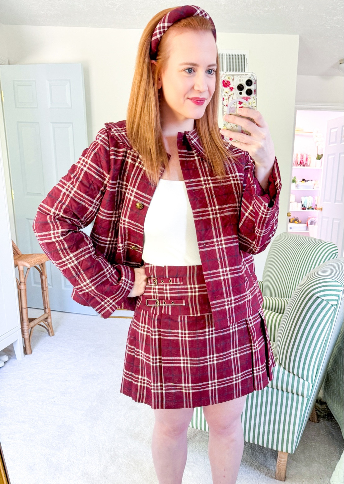 Hill House Home fall 2024 burgundy plaid skirt and jacket set with matching headband! 

#LTKWorkwear #LTKFallSale #LTKSeasonal