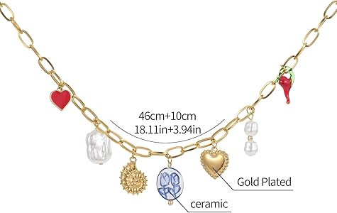 Trendy Stainless Steel Gold Plated Charm Necklace with Heart Pearl Pepper Conch Ceramic Pendant N... | Amazon (US)