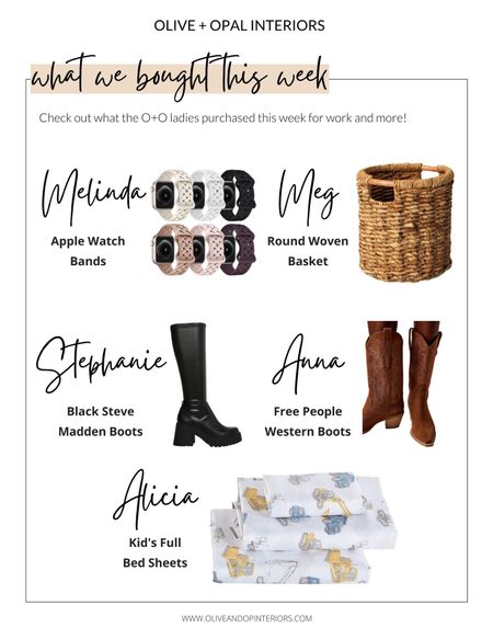 Check out what the ladies purchased this week - from watch bands and boots, to baskets and bedding!
.
.
.
Apple Watch Bands
Woven Basket
Black Leather Boots
Brown Western Boots
Kid’s Full Sheet Set
Amazon 
Target
Steve Madden
Free People

#LTKfamily #LTKunder100 #LTKhome