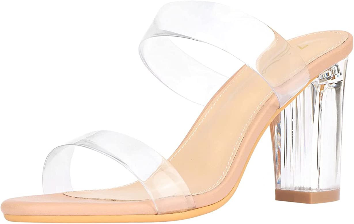 Amazon.com | ZriEy Women's Nude Clear Heels Chunky Block Open Toe Mid High Heeled Sandals Two Str... | Amazon (US)