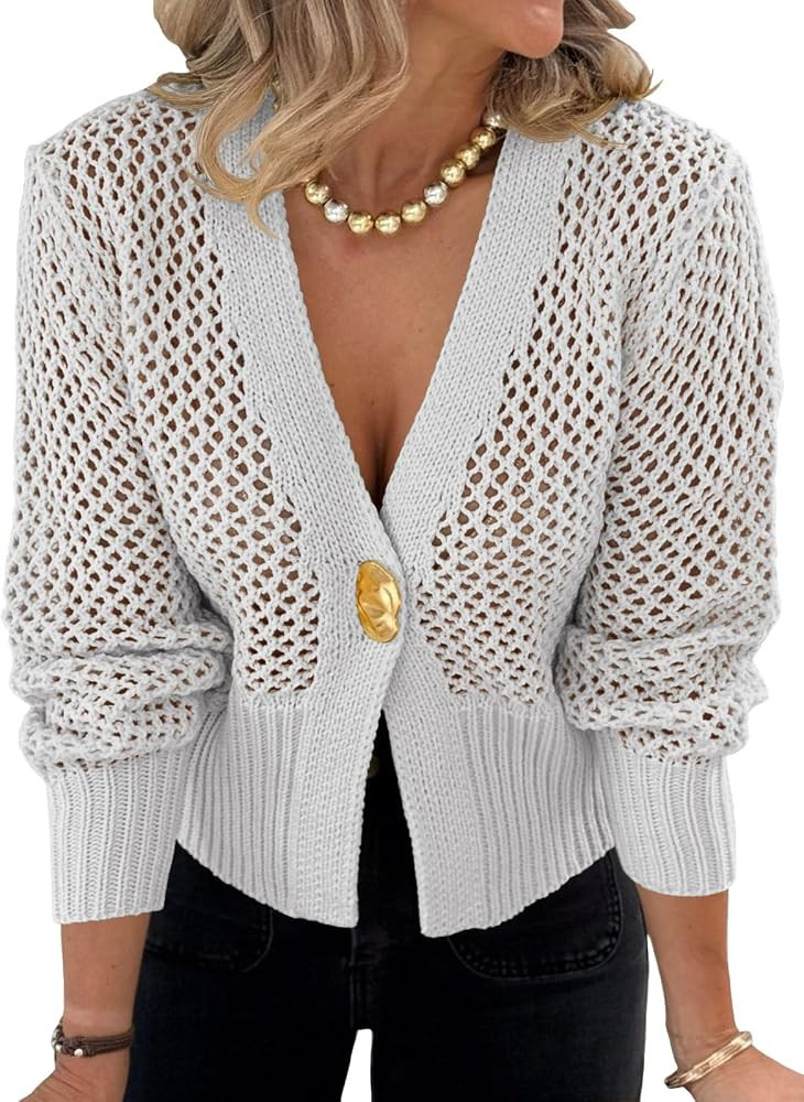 Cicy Bell Womens Cropped Crochet Cardigans Hollow Out Button Down Lantern Sleeve Knit Sweaters Ca... | Amazon (US)