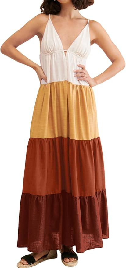 Women’s Patchwork Spaghetti Strap Maxi Dress Summer Backless Colorblock Flowy Dress Tiered Ruff... | Amazon (US)