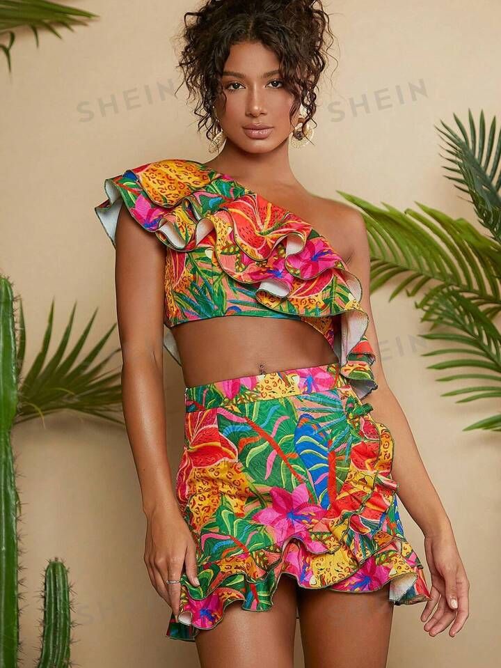 SHEIN VCAY Tropical Print One Shoulder Ruffle Trim Crop Top & Wrap Hem Skirt | SHEIN