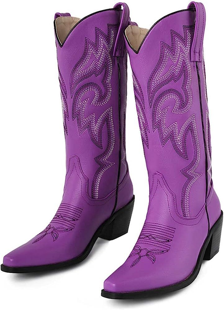 Womens Embroidered Cowboy Cowgirl Boots Snip Toe Chunky Heel Western Boots Pull On Mid Calf Boots | Amazon (US)
