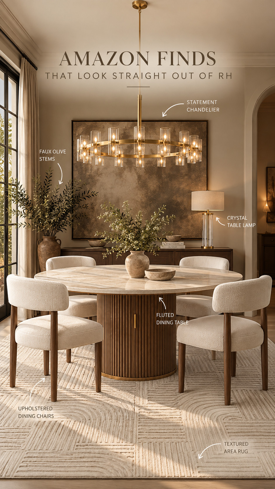 You’d never guess these were Amazon finds 👀 Recreating that elevated RH-inspired dining room look with warm wood tones, creamy neutrals, sculptural pieces, and designer-looking details for less. 

 #AmazonHome #AmazonFinds #DiningRoomDecor #RHInspired #DesignerInspired #LuxuryHome #NeutralDecor #HomeInspo #LTKdayinmylife #LTKHome