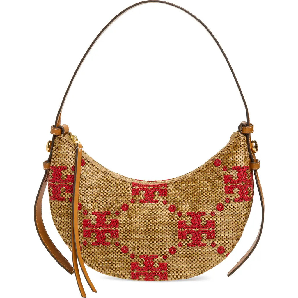 Tory Burch Romy T Monogram Straw Half Moon Shoulder Bag in Natural at Nordstrom | Nordstrom