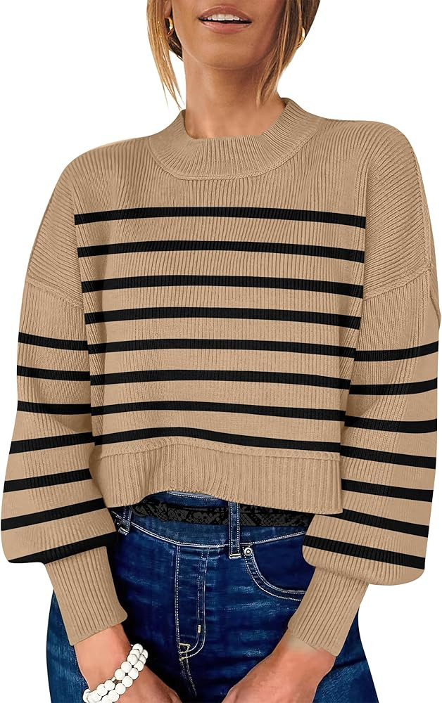 ANRABESS Womens Oversized Crewneck Cropped Sweaters Long Batwing Sleeve Side Slit Ribbed Knit Pul... | Amazon (US)