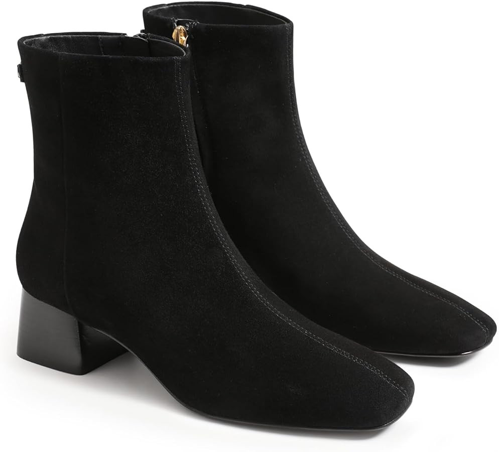 Coutgo Womens Ankle Boots Chunky Low Heel Square Toe Booties Side Zipper Winter Dress Shoes | Amazon (US)