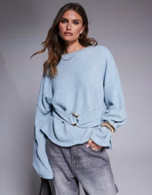 ASOS DESIGN rib boucle long sleeve top with gold trim detail in baby blue | ASOS | ASOS (Global)