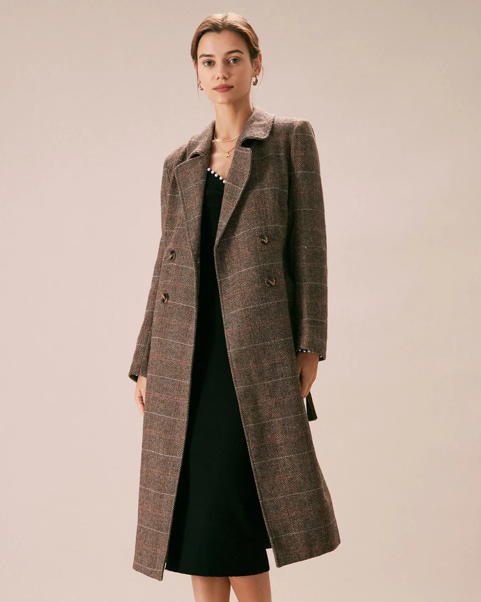 The Coffee Lapel Belted Double Breasted Coat | rihoas.com