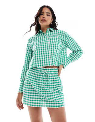 ASOS DESIGN tie waist linen look skirt & crop shirt set in green gingham | ASOS (Global)