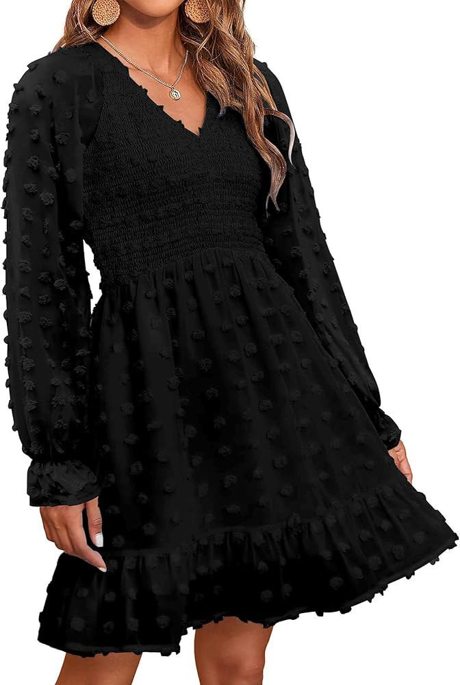 BTFBM Women Long Sleeve V Neck Smocked Short Dress Flowy Casual SwissDot Ruffle Mini Babydoll Summer | Amazon (US)