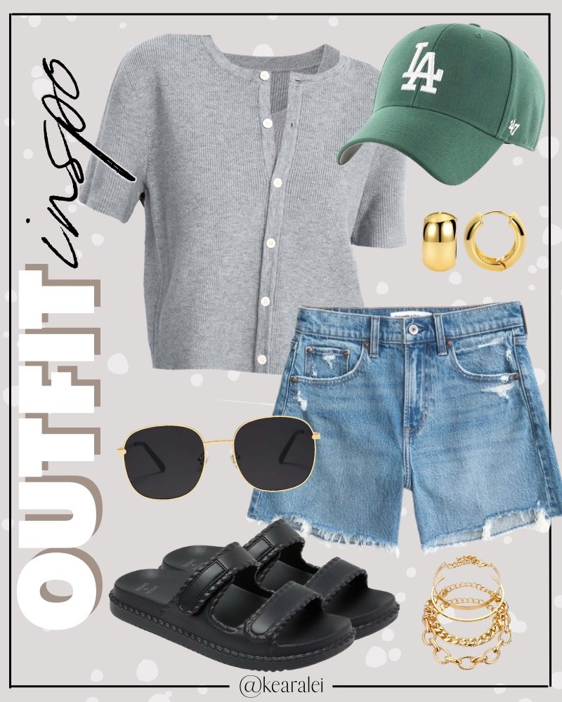 Spring outfits 2026 Summer outfit grey lightweight short sleeve cardigan gray light knit button up cardigans with mid length denim dad shorts Jean shorts  green baseball hat 47 brand LA Dodgers Yankees baseball cap Abercrombie and fitch Free People inspired outfit looks for less Amazon fashion affordable outfits Kelly green hat grey short sleeve sweater shirt knit top with high rise shorts black target sandals slides lookalike shoes casual mom outfit momiform tiktok shop trend alert trending viral outfits || #freepeople #boho #amazon #fashion #summer
.
.
deals sales sale alert Amazon fashion, teacher outfits, business casual, casual outfits, neutrals, street style, Midi skirt, Maxi Dress, Swimsuit, Bikini, Travel, skinny Jeans, Puffer Jackets, Concert Outfits, Cocktail Dresses, Sweater dress, Sweaters, cardigans Fleece Pullovers, hoodies, button-downs, Oversized Sweatshirts, Jeans, High Waisted Leggings, dresses, joggers, fall Fashion, winter fashion, leather jacket, Sherpa jackets, Deals, shacket, Plaid Shirt Jackets, apple watch bands, lounge set, Date Night Outfits, Vacation outfits, Mom jeans, shorts, sunglasses, Disney outfits, Romper, jumpsuit, Airport outfits, biker shorts, Weekender bag, plus size fashion, Stanley cup tumbler, boots booties tall over the knee, ankle boots, Chelsea boots, combat boots, pointed toe, chunky sole, heel, high heels, mules, clogs, sneakers, slip on shoes, Nike, adidas, vans, dr. marten’s, ugg slippers, golden goose, sandals, high heels, loafers, Birkenstocks, Steve Madden Target, Abercrombie and fitch, Nordstrom

#LTKootd #LTKSeasonal #LTKSaleAlert