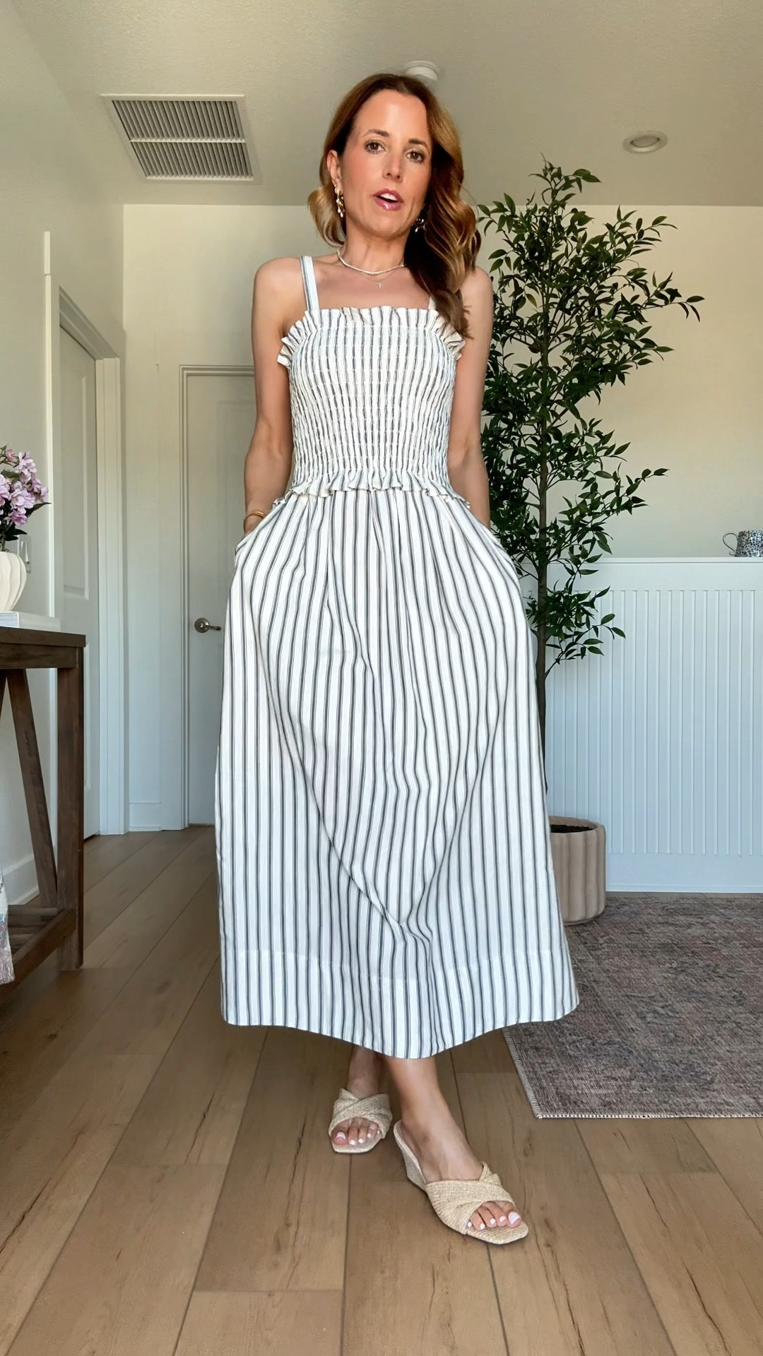 New target arrivals. Wearing XS in striped dress. Has adjustable straps that button on inside of dress. You can also tuck the straps in or cut them off. Neutral wedges are TTS. Coastal outfit. Coastal style. Resort outfit. Resort wear. Spring outfit. Summer dress. Spring dresses

#LTKootd #LTKTravel #LTKPetite