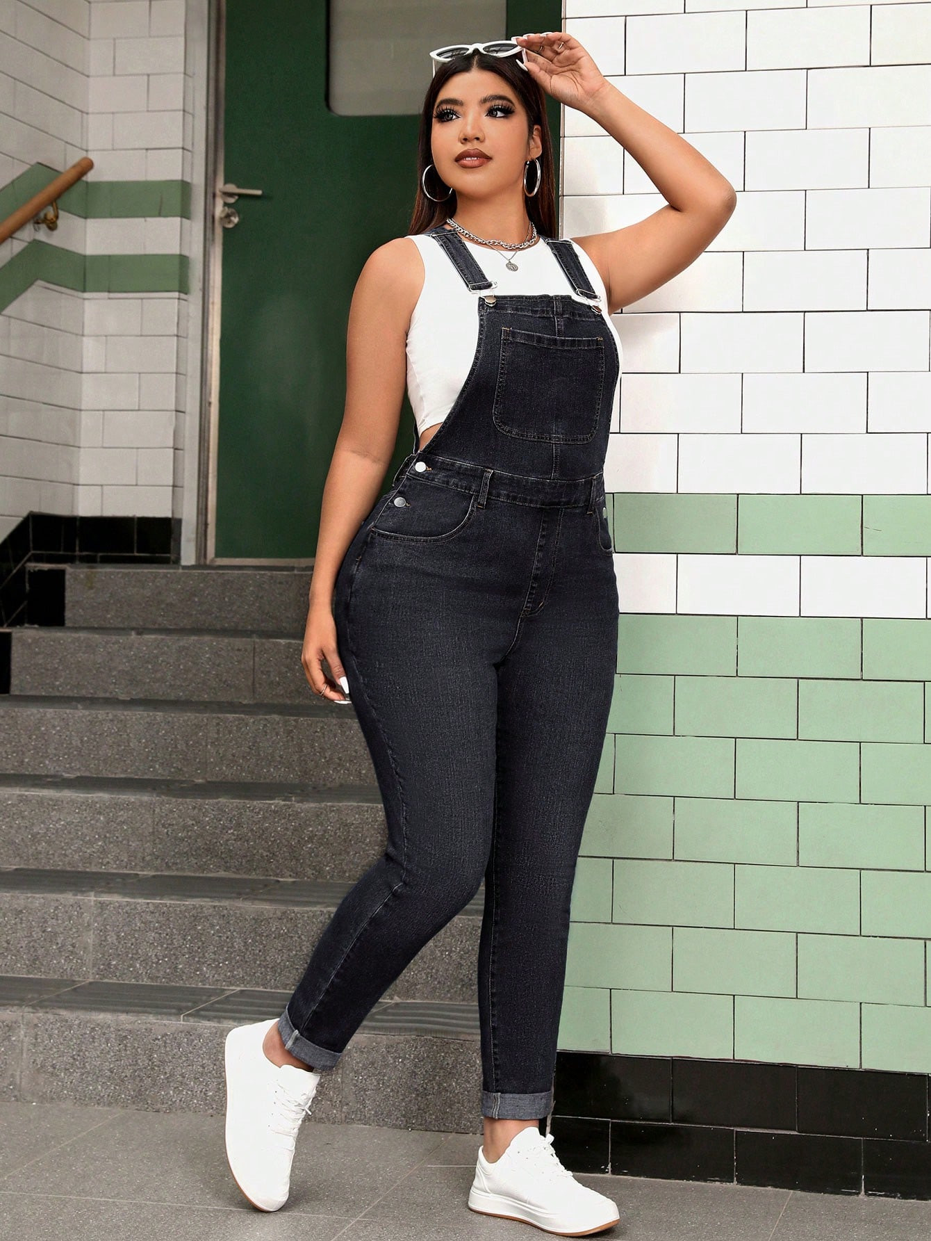SHEIN ICON Plus Size Casual Washed Skinny Denim Bib Overalls | SHEIN