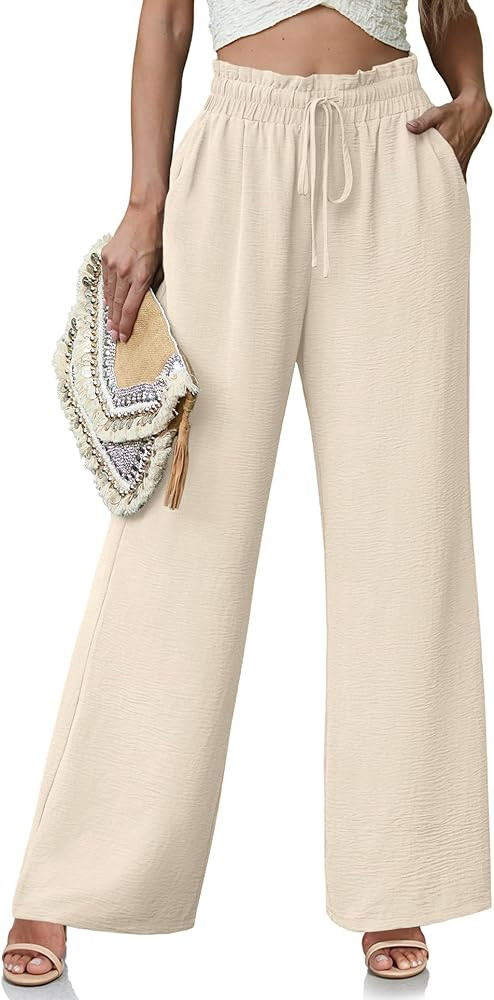Women's High Waisted Wide Leg Pants Flowy Palazzo Pants Work Casual Tie Knot Pants with Pockets | Amazon (US)
