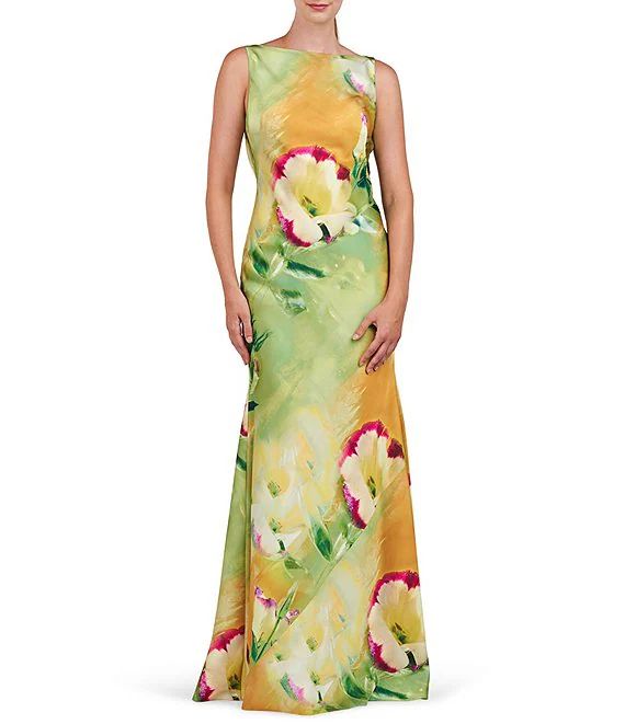 Floral Printed Stretch Charmeuse Boat Neck Cowl Back Gown | Dillard's