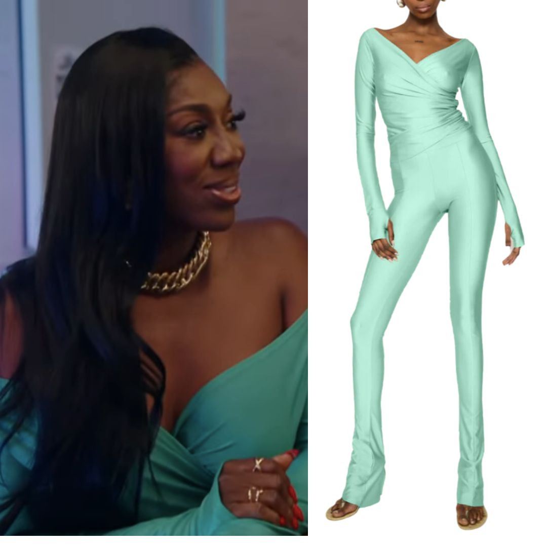 Wendy Osefo's Mint Green Off the Shoulder Top and Pants Set is by Cou Coo / Shop Similar 

 