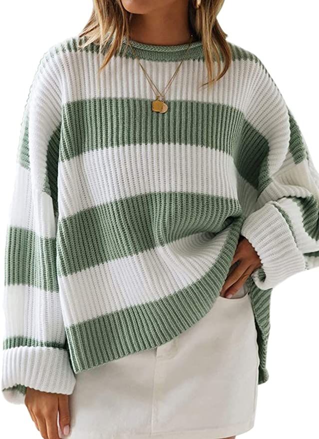 ZESICA Women's 2023 Fall Long Sleeve Crew Neck Striped Color Block Comfy Loose Oversized Knitted ... | Amazon (US)