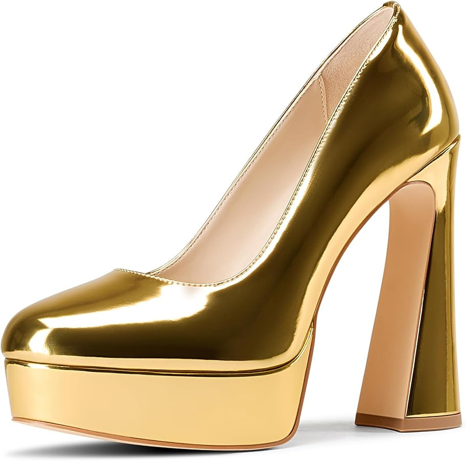 Castamere Womens Chunky Block High Platform Heel Round Toe Pumps Slip-on Office Dress Patent Leat... | Amazon (US)