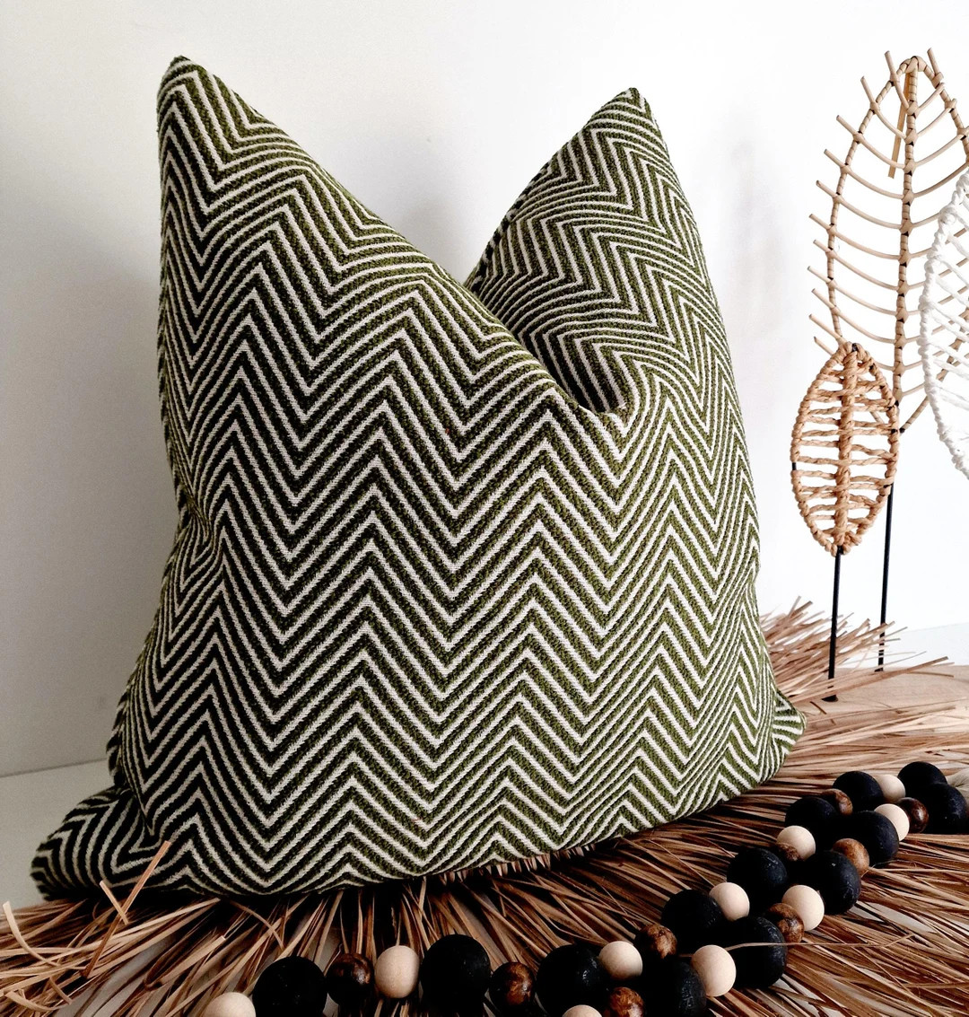 Green Herringbone Pillow Cover Textured Green Pillow Green Beige Herringbone Pillow Textured Gree... | Etsy (US)