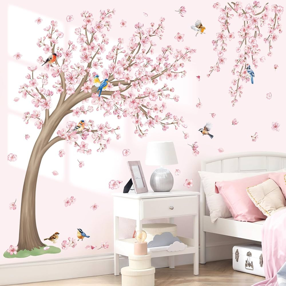 wondever Large Cherry Blossom Tree Wall Stickers Pink Flower Birds Tree Branch Peel and Stick Wal... | Amazon (US)