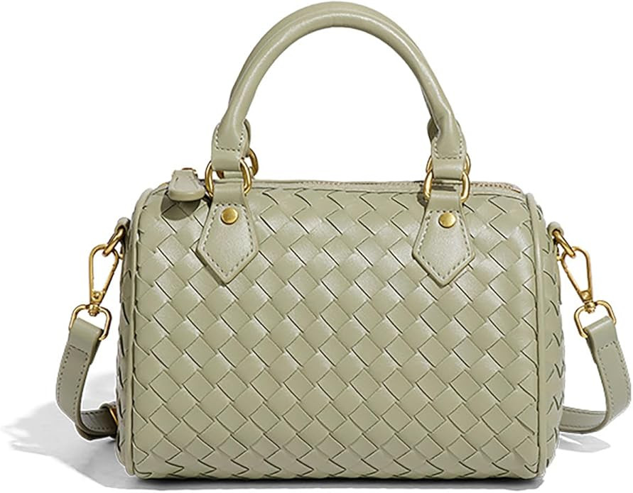 Small Woven Boston Bags for Women Top Handle Leather Purses Barrel Bag Satchel Handbags Shoulder ... | Amazon (US)
