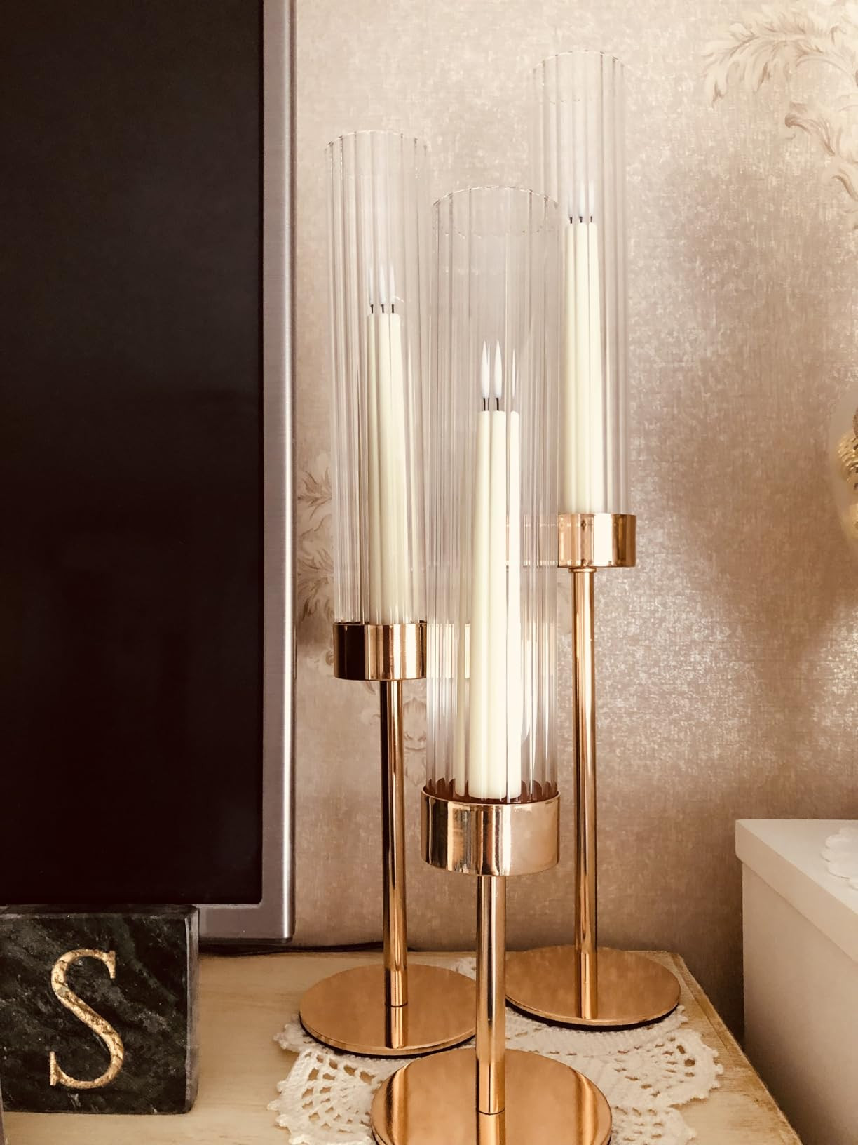 NUPTIO Hurricane Candlestick Holders for Centerpiece: Gold Taper Candles Stick Holders with Clear... | Amazon (US)