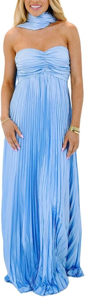 Womens Y2k Tube Strapless Pleated Maxi Dress with Scarf Maternity Silk Satin Formal Cocktail Ruff... | Amazon (US)