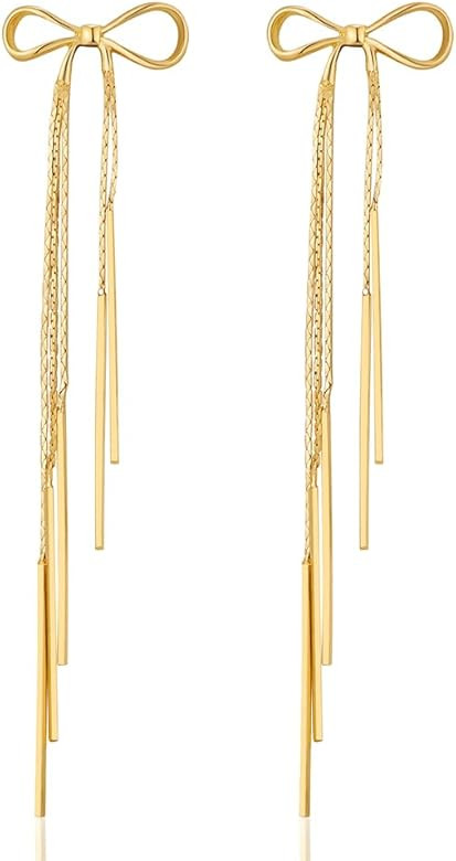 Gold Bow Tie Drop Earrings for Women Bowknot Tassel Earrings Long Drop Dangle Earrings | Amazon (US)